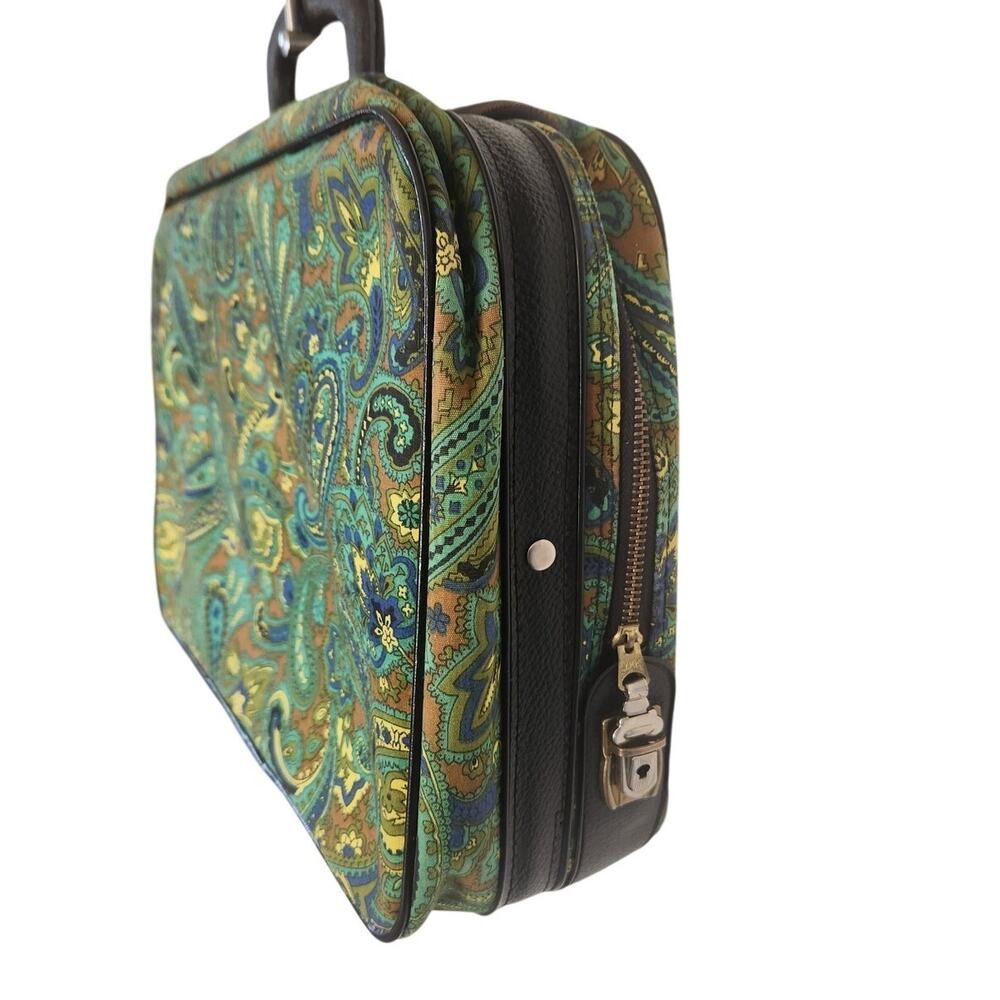 Vintage 60s Green Paisley Fabric Briefcase Travel Bag Laptop Retro Made Japan - Picture 3 of 11
